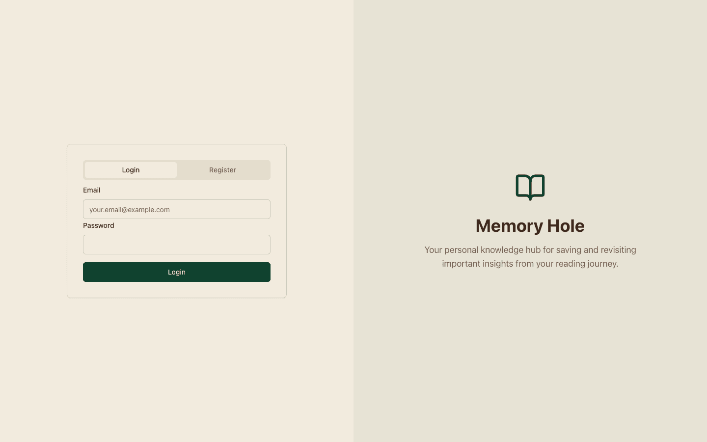 Memory Hole login screen: your personal knowledge hub for reading insights