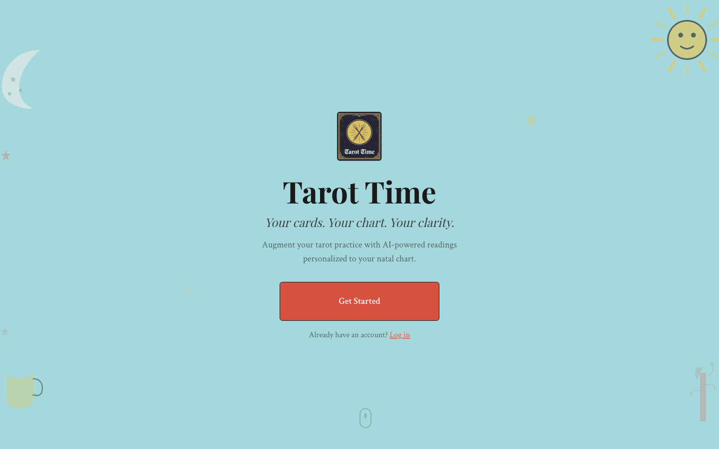 Tarot Time landing page: your cards, your chart, your clarity